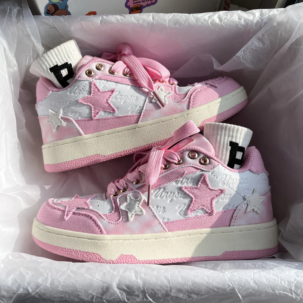 Women Sweet Cute White Pink  Star Sneakers Sports Running Shoes - Image 4
