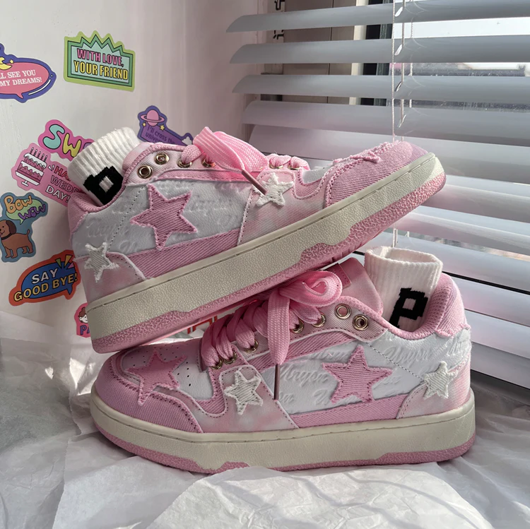 Women Sweet Cute White Pink  Star Sneakers Sports Running Shoes - Image 5