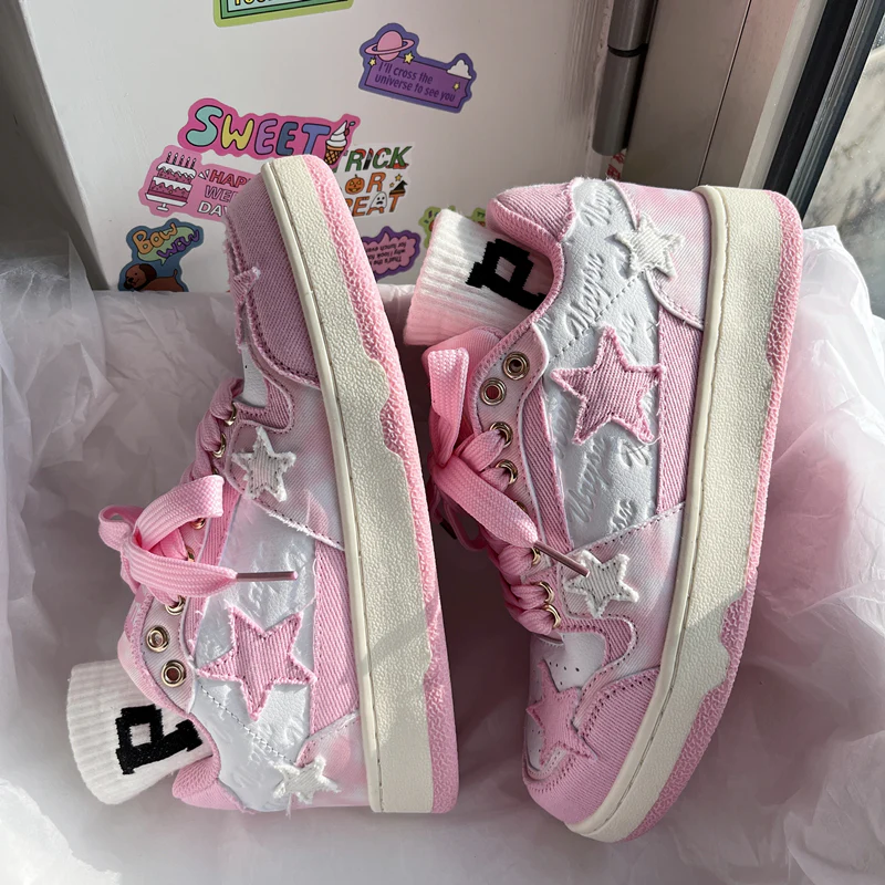 Women Sweet Cute White Pink  Star Sneakers Sports Running Shoes - Image 6