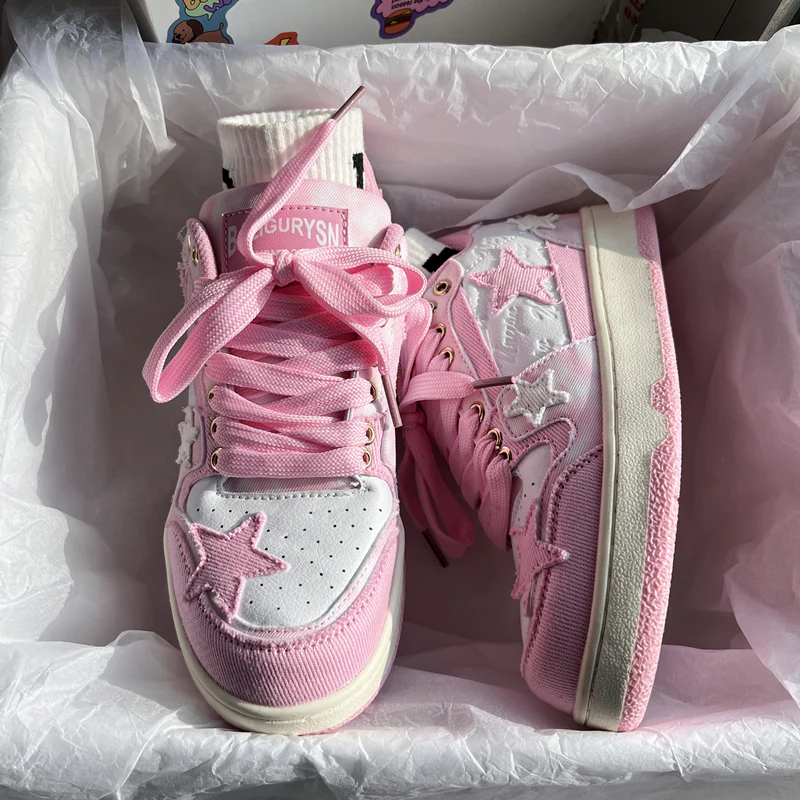 Women Sweet Cute White Pink  Star Sneakers Sports Running Shoes - Image 7