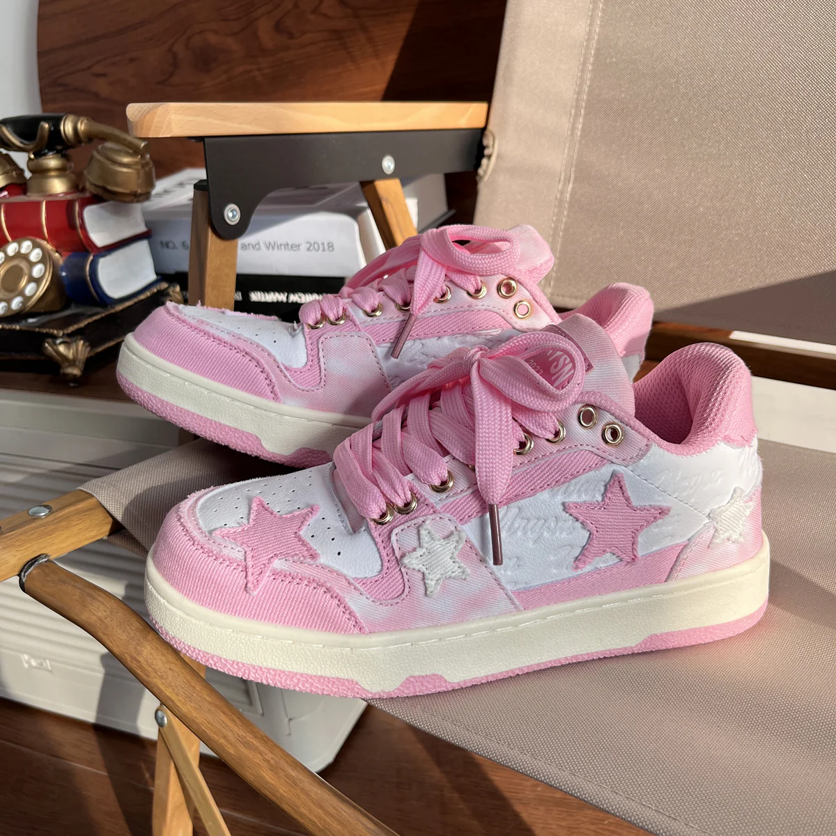 Women Sweet Cute White Pink  Star Sneakers Sports Running Shoes - Image 8