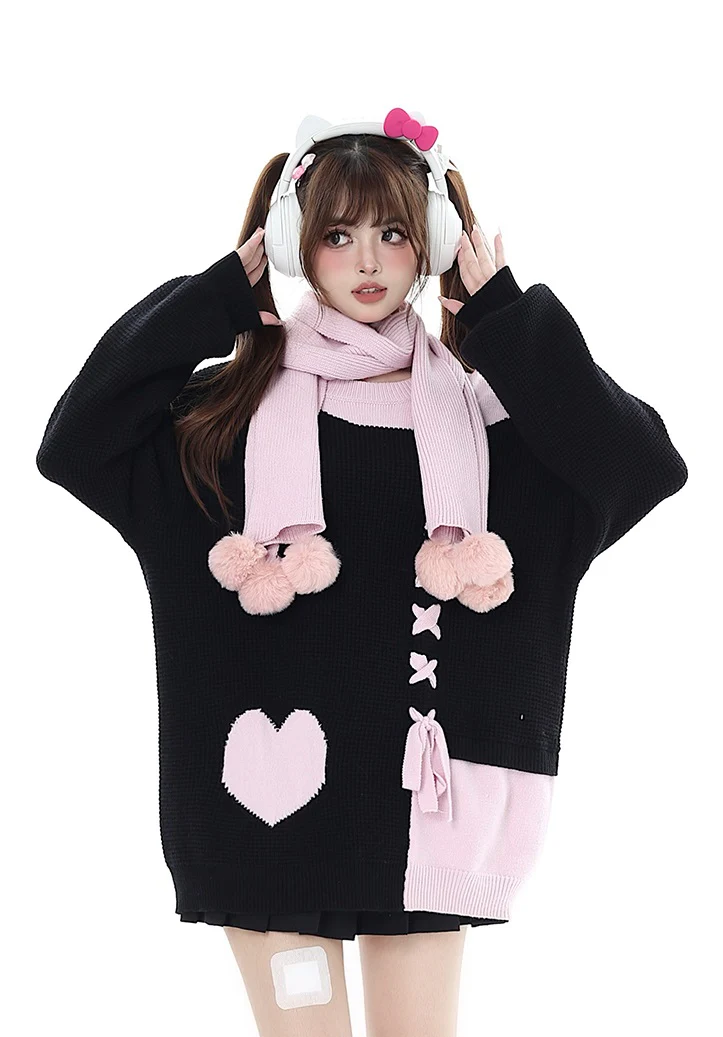 Crazy Girl Sweet Girl Knit Love Soft Pink Black With Scarf Sweater - Image 10