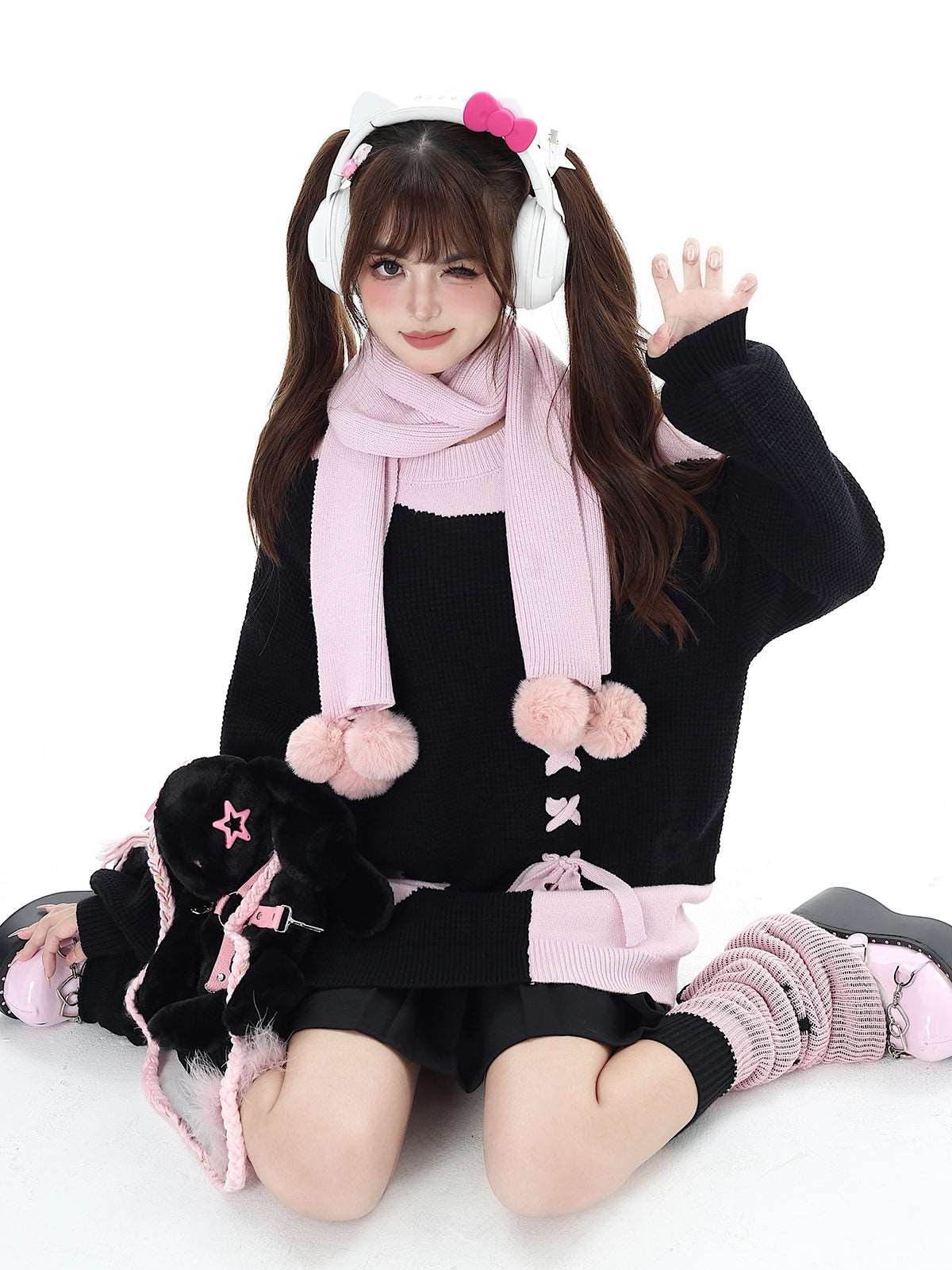 Crazy Girl Sweet Girl Knit Love Soft Pink Black With Scarf Sweater - Image 11