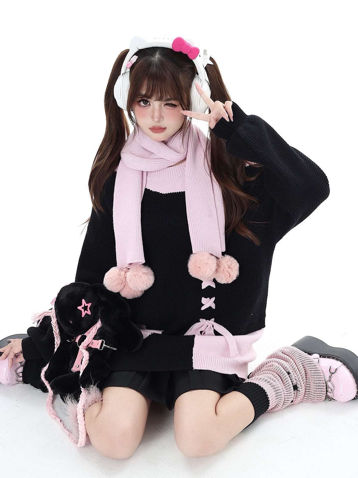Crazy Girl Sweet Girl Knit Love Soft Pink Black With Scarf Sweater - Image 12
