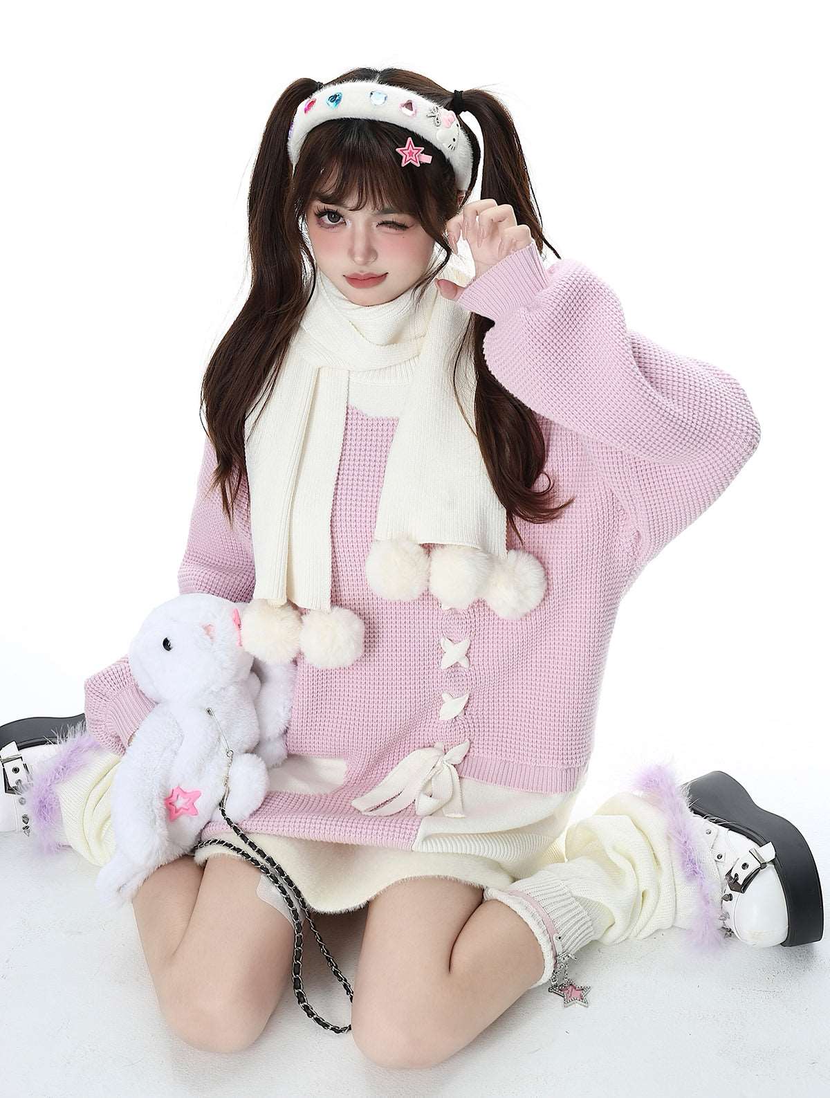 Crazy Girl Sweet Girl Knit Love Soft Pink Black With Scarf Sweater - Image 13