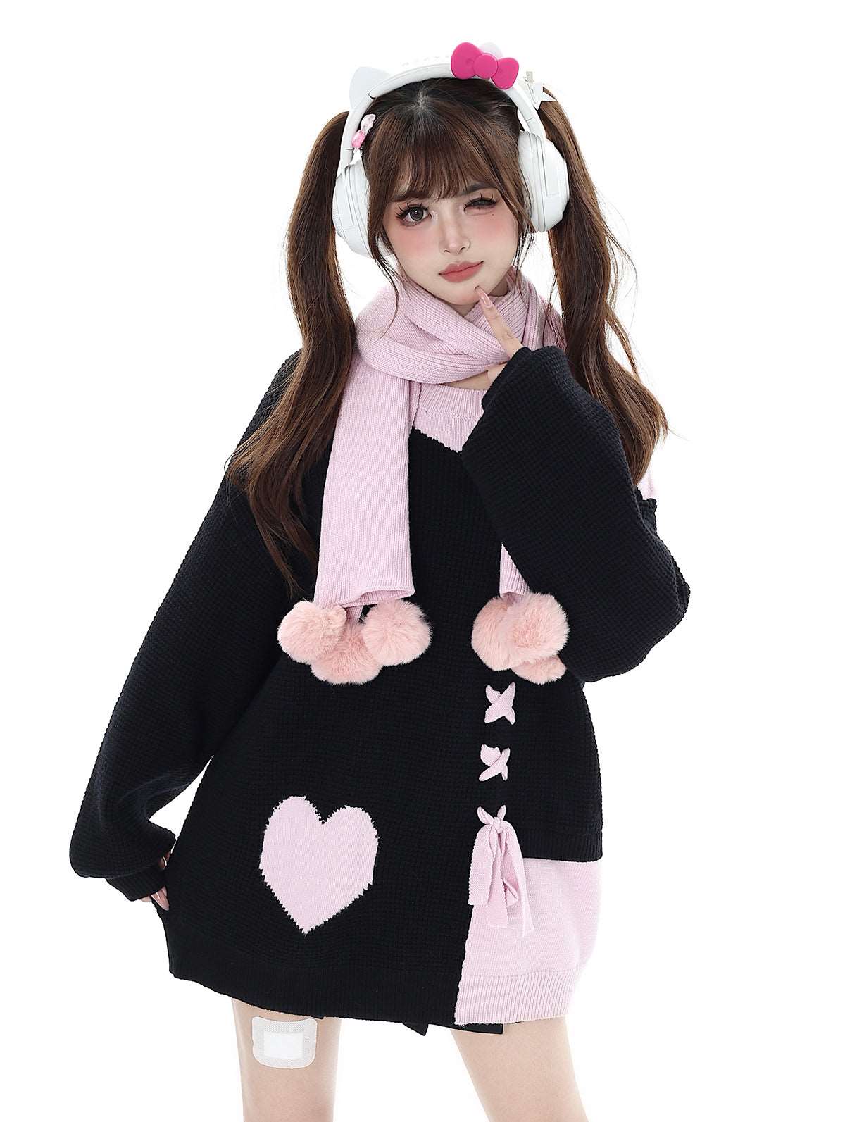 Crazy Girl Sweet Girl Knit Love Soft Pink Black With Scarf Sweater - Image 2