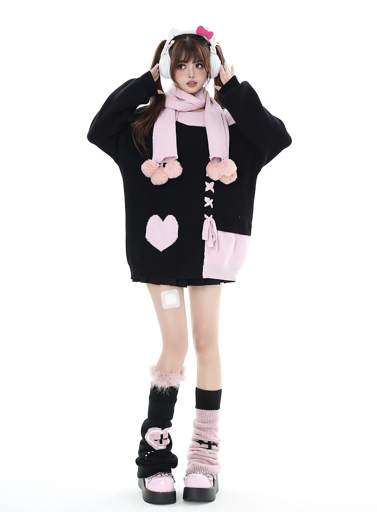 Crazy Girl Sweet Girl Knit Love Soft Pink Black With Scarf Sweater - Image 3