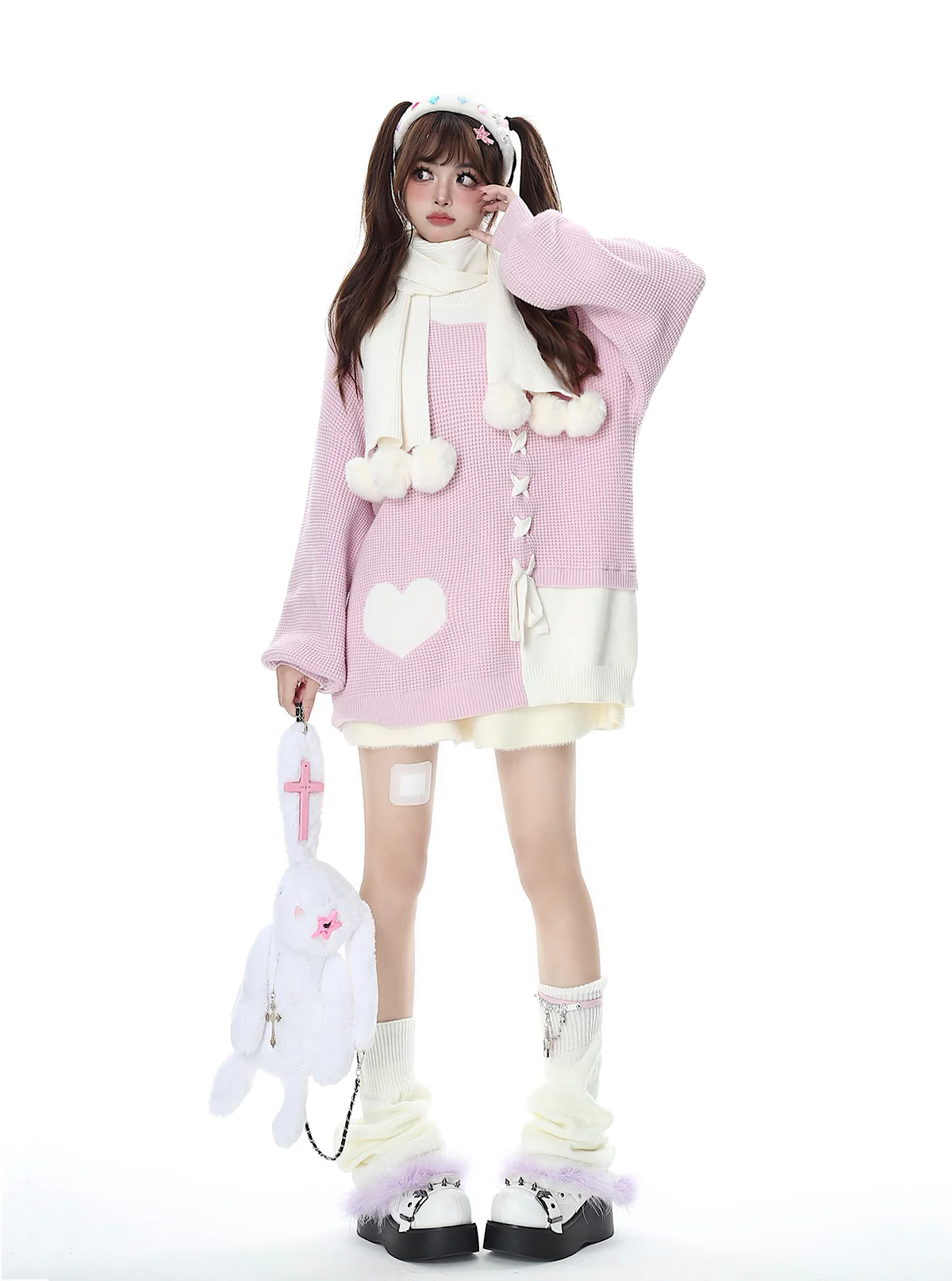 Crazy Girl Sweet Girl Knit Love Soft Pink Black With Scarf Sweater - Image 4