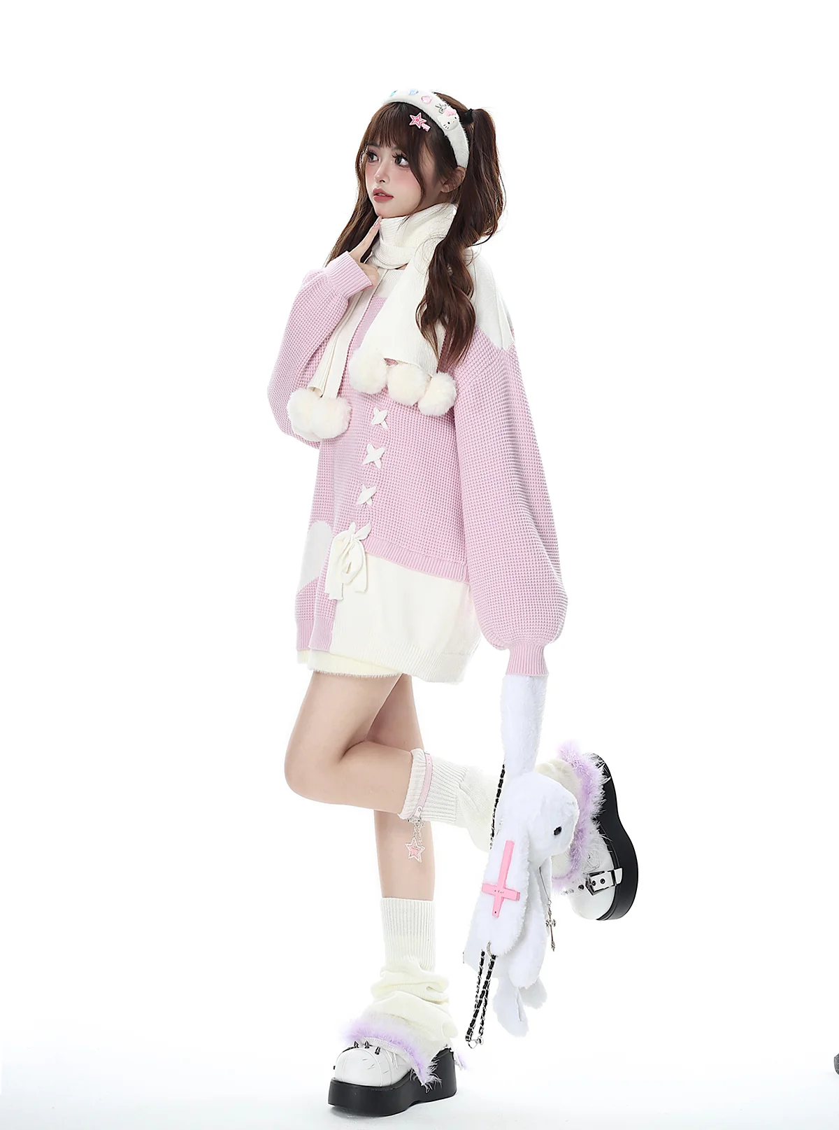 Crazy Girl Sweet Girl Knit Love Soft Pink Black With Scarf Sweater - Image 5