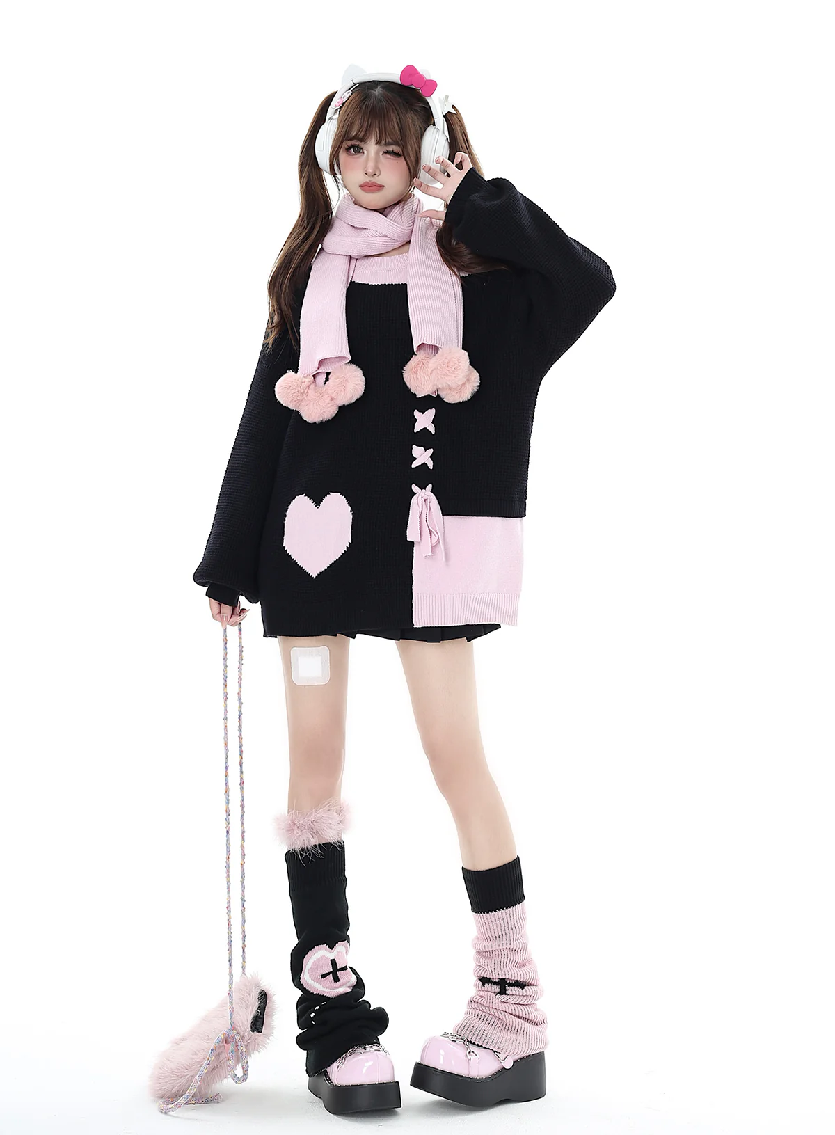 Crazy Girl Sweet Girl Knit Love Soft Pink Black With Scarf Sweater - Image 6