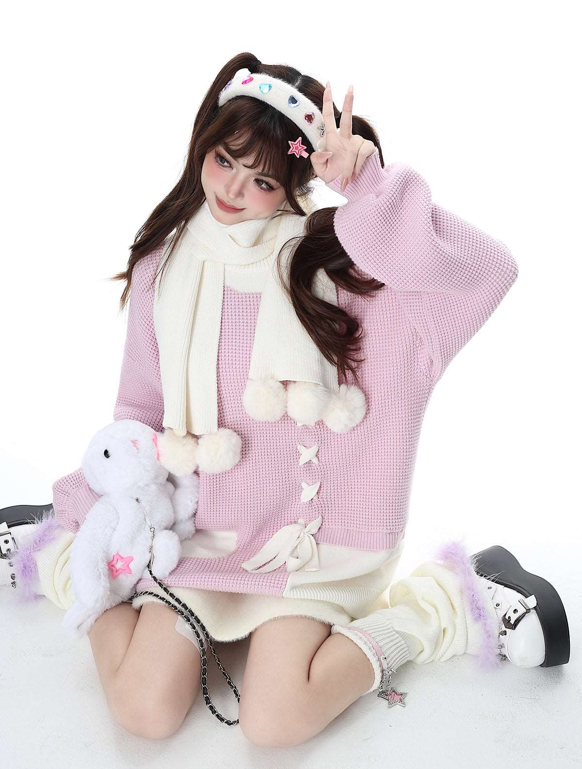 Crazy Girl Sweet Girl Knit Love Soft Pink Black With Scarf Sweater - Image 7