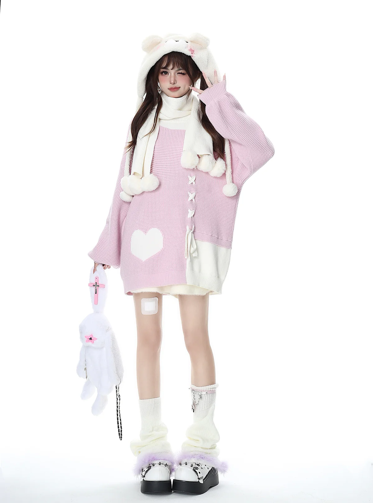 Crazy Girl Sweet Girl Knit Love Soft Pink Black With Scarf Sweater - Image 8