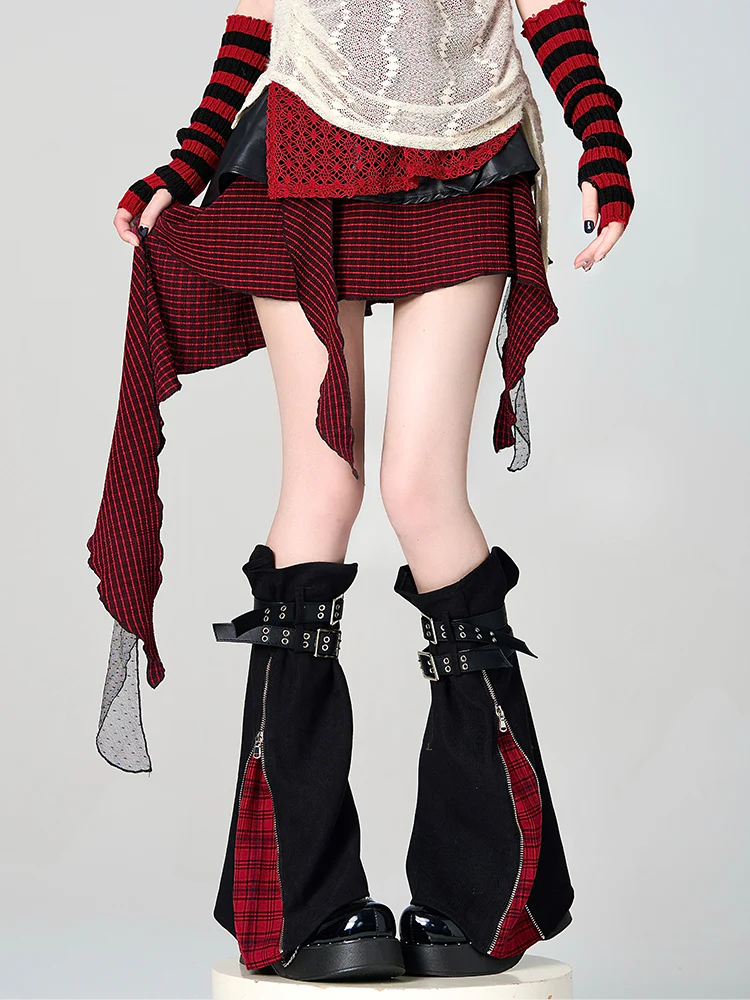 X Cross Plaid Pink Black Gray Red Leg Warmers - Image 5