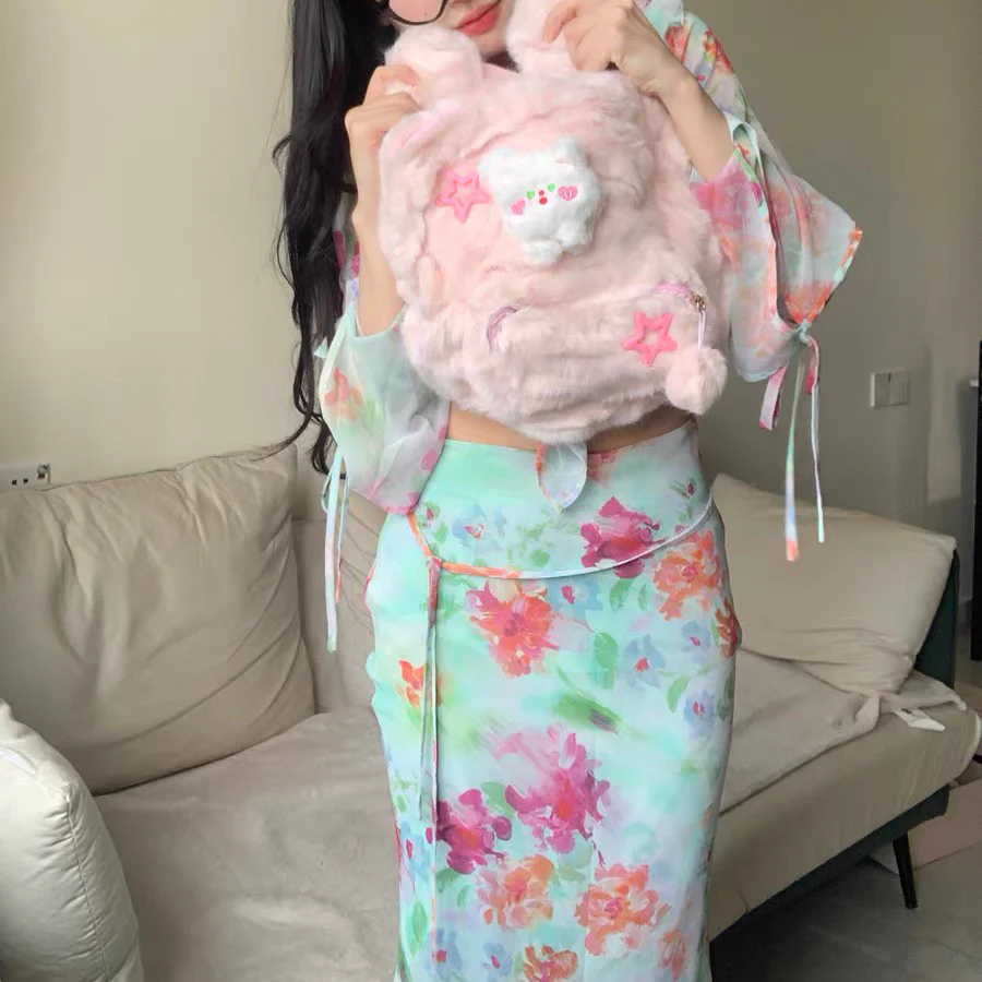 Y2K Bear Cartoon Doll Plush Fluff Cute Mini School Backpack Bag - Image 3
