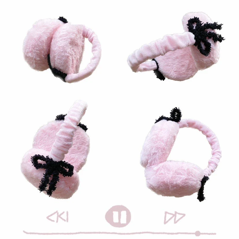 Y2K Bow Pink Black Gray White Plush Cute Winter Earmuffs - Image 8