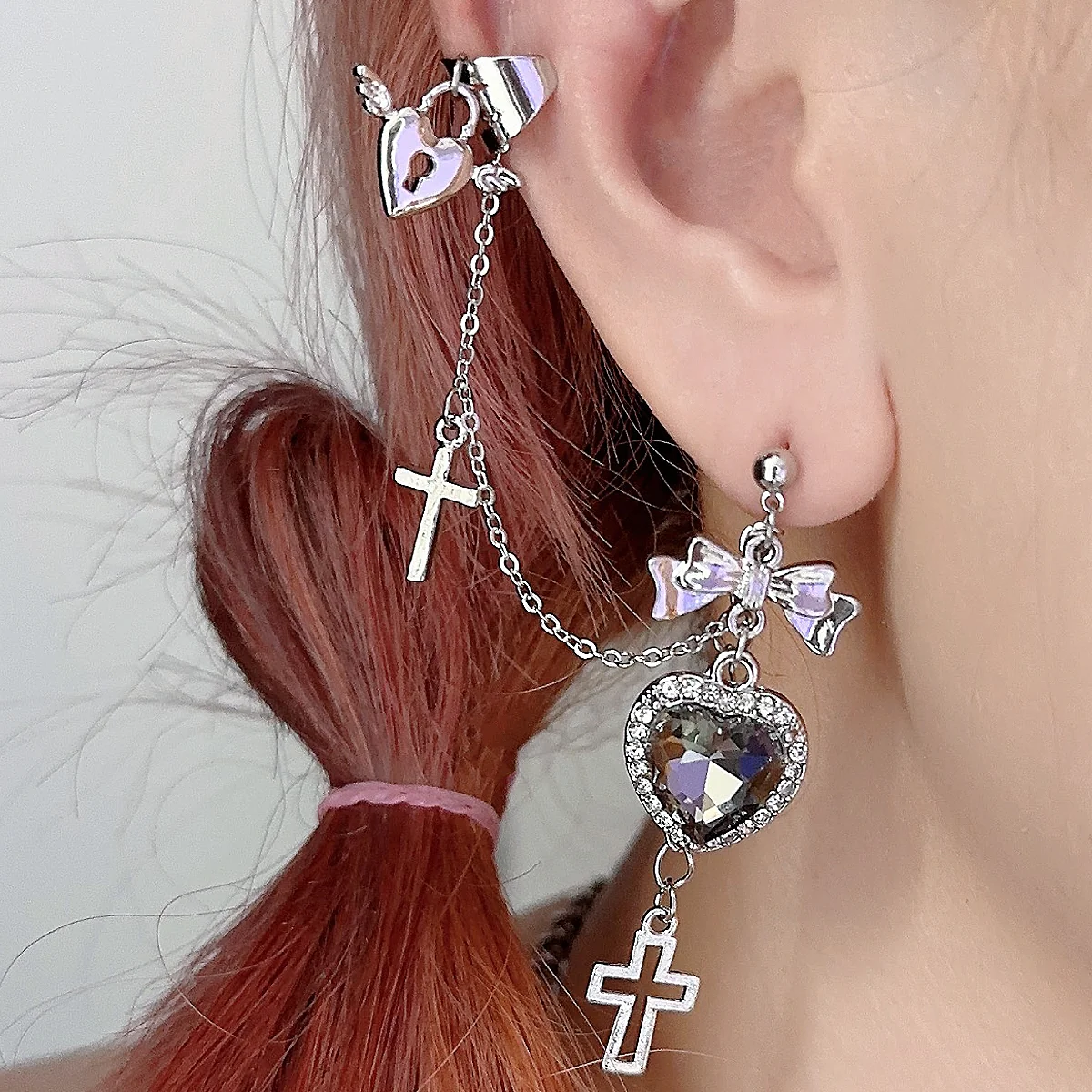 Y2K Gothic Harajuku Devil Wings Heart Silver Chain Rings Earrings - Image 5