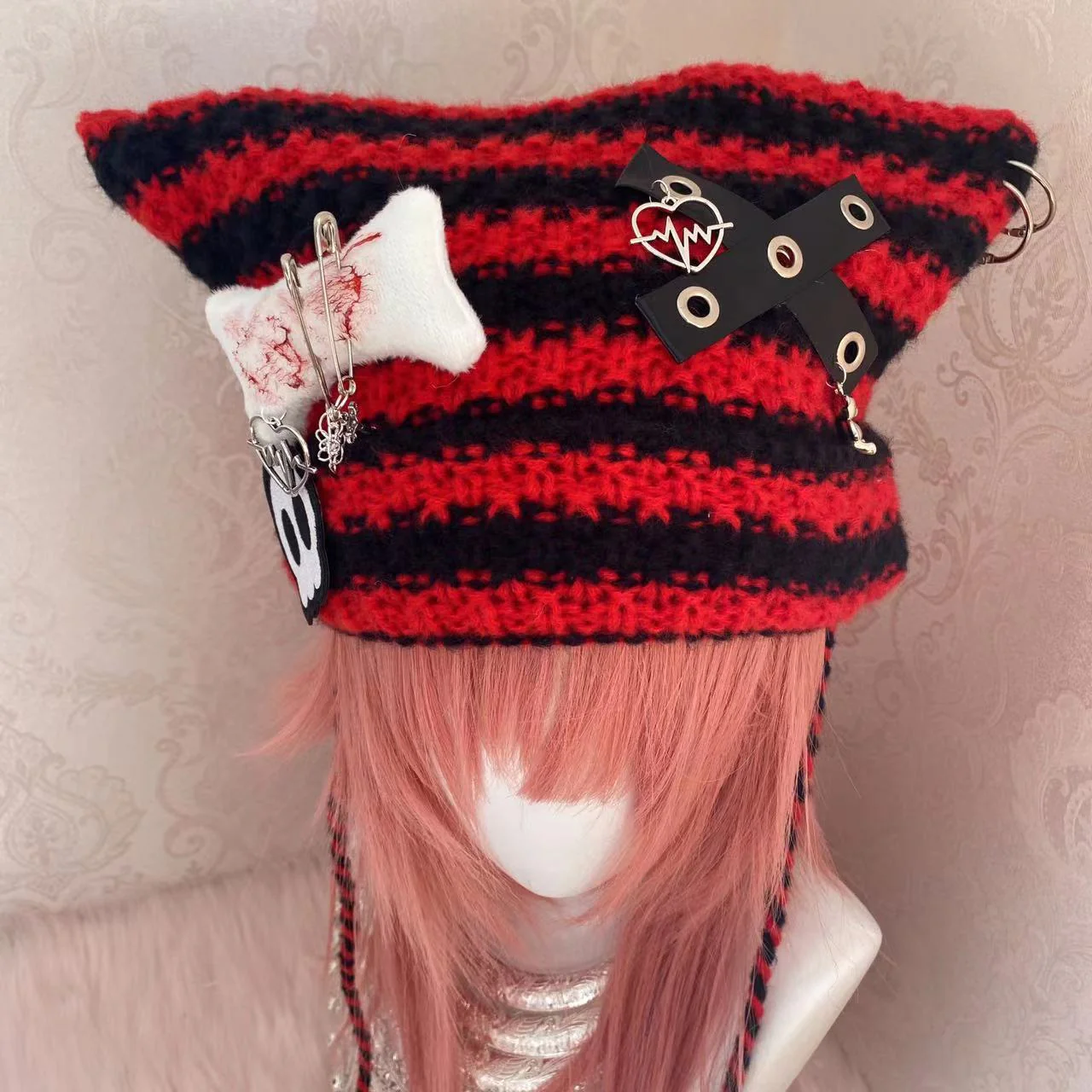 Y2K Handmade Knit Cross Skull Striped Cute Winter Hats Beanie - Image 2