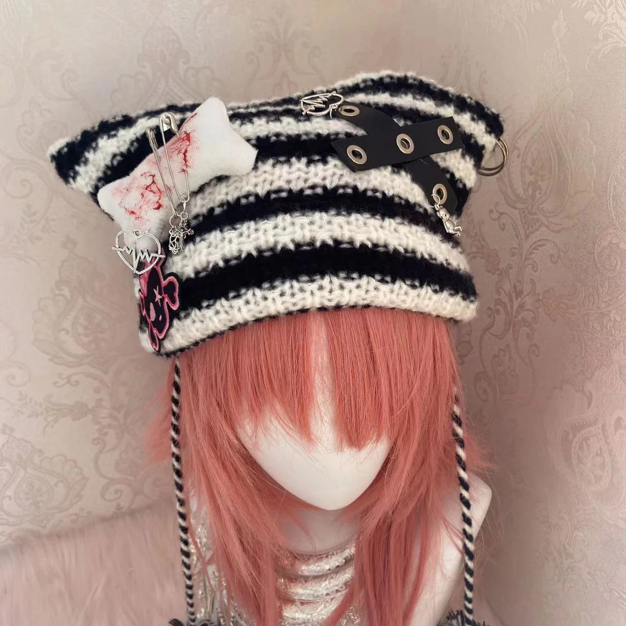 Y2K Handmade Knit Cross Skull Striped Cute Winter Hats Beanie - Image 3