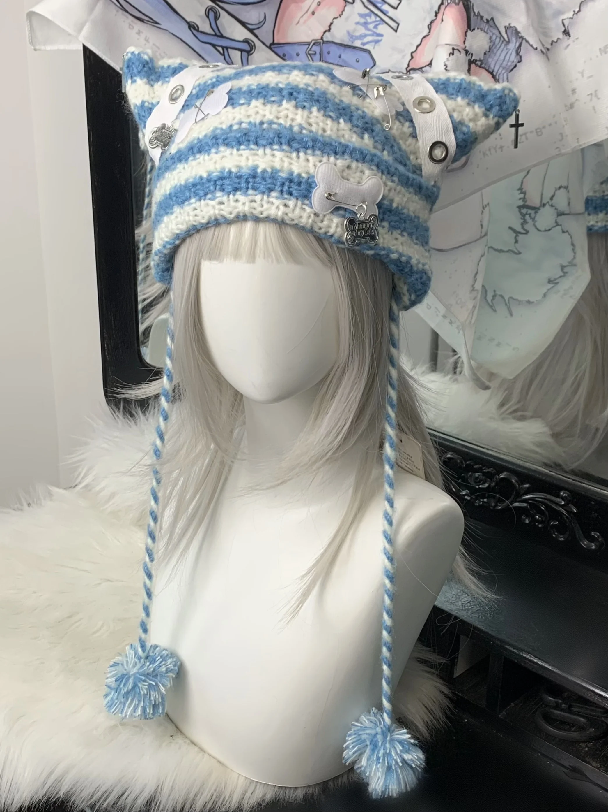 Y2K Handmade Knit Cross Skull Striped Cute Winter Hats Beanie - Image 4