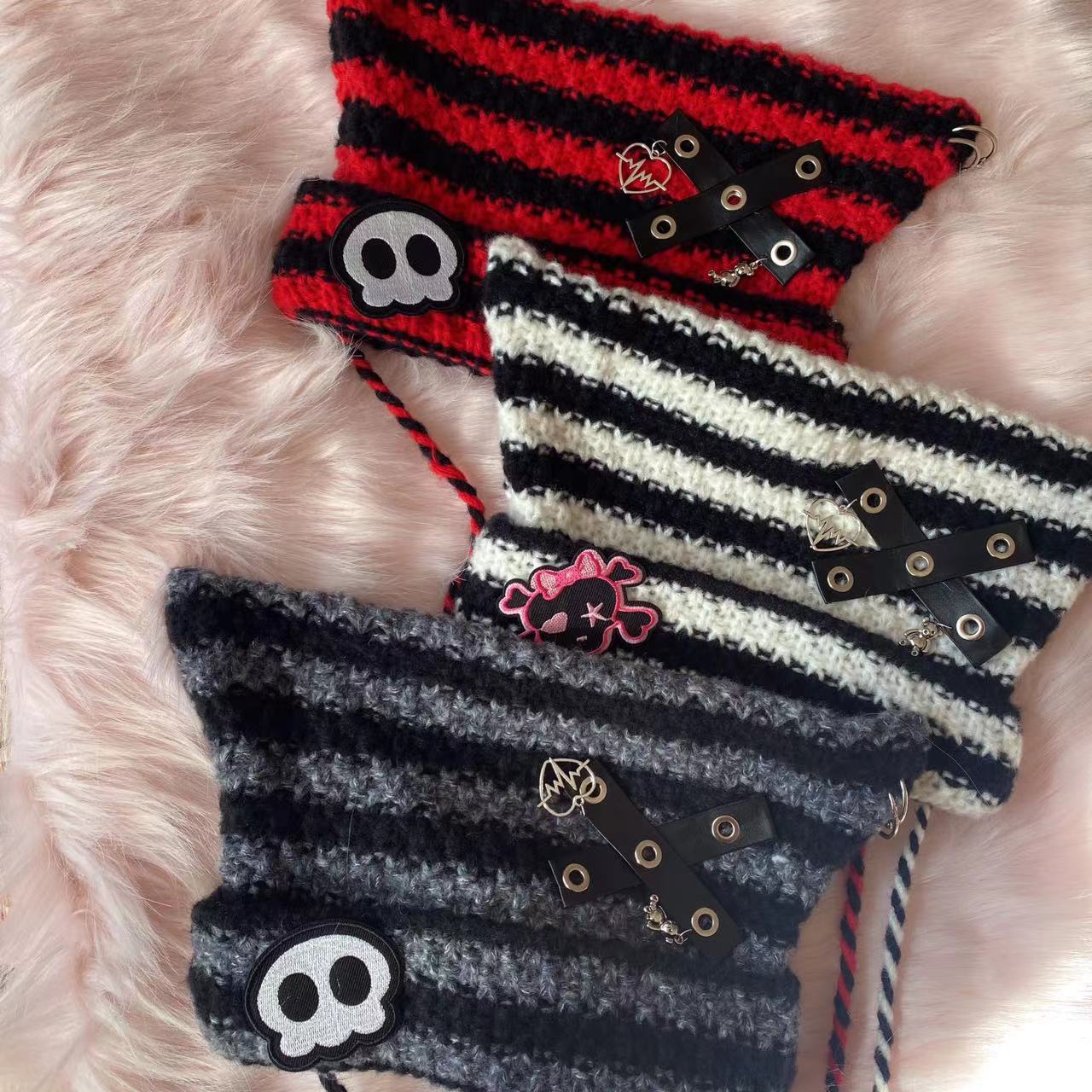 Y2K Handmade Knit Cross Skull Striped Cute Winter Hats Beanie - Image 5