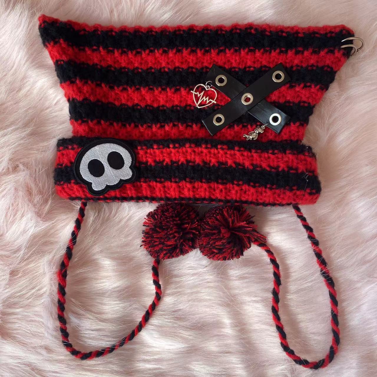 Y2K Handmade Knit Cross Skull Striped Cute Winter Hats Beanie - Image 6
