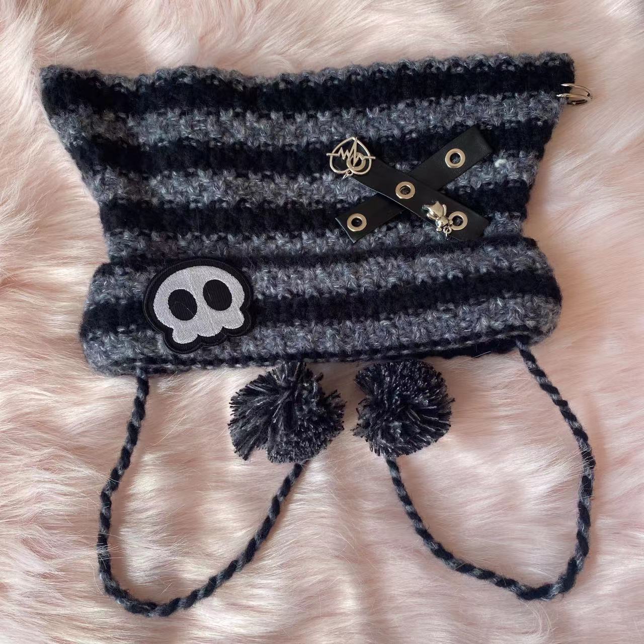 Y2K Handmade Knit Cross Skull Striped Cute Winter Hats Beanie - Image 7