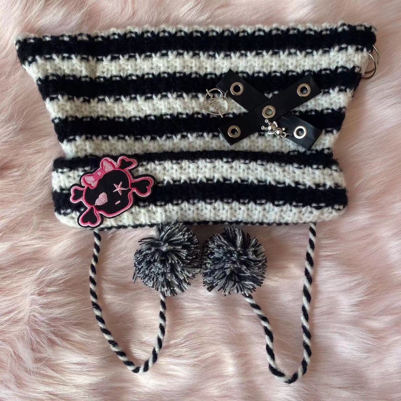 Y2K Handmade Knit Cross Skull Striped Cute Winter Hats Beanie - Image 8