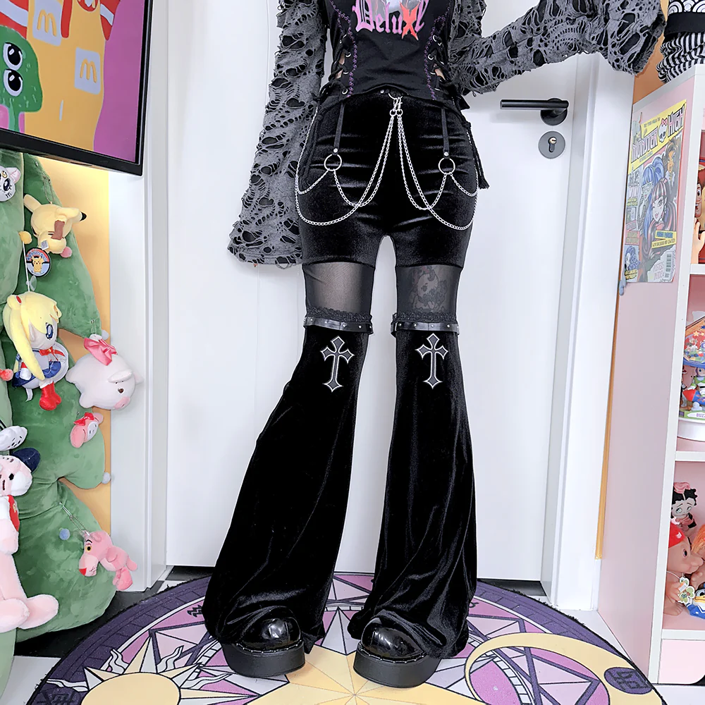 Y2K Hot Girls Women Goth Emo Punk Style Strap Chain Cross Belt Flared Pants - Image 3