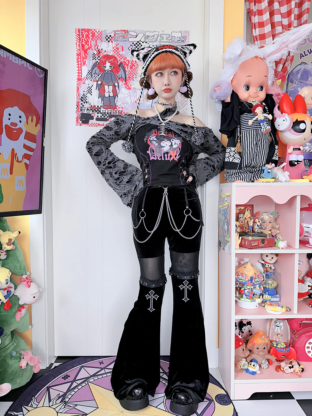 Y2K Hot Girls Women Goth Emo Punk Style Strap Chain Cross Belt Flared Pants - Image 5