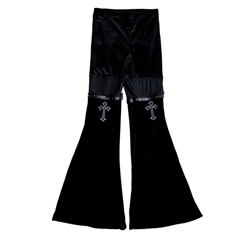 Y2K Hot Girls Women Goth Emo Punk Style Strap Chain Cross Belt Flared Pants - Image 6