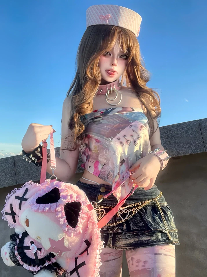 Y2K Punk Melody Apron Black Pink Backpack Doll Bag - Image 3