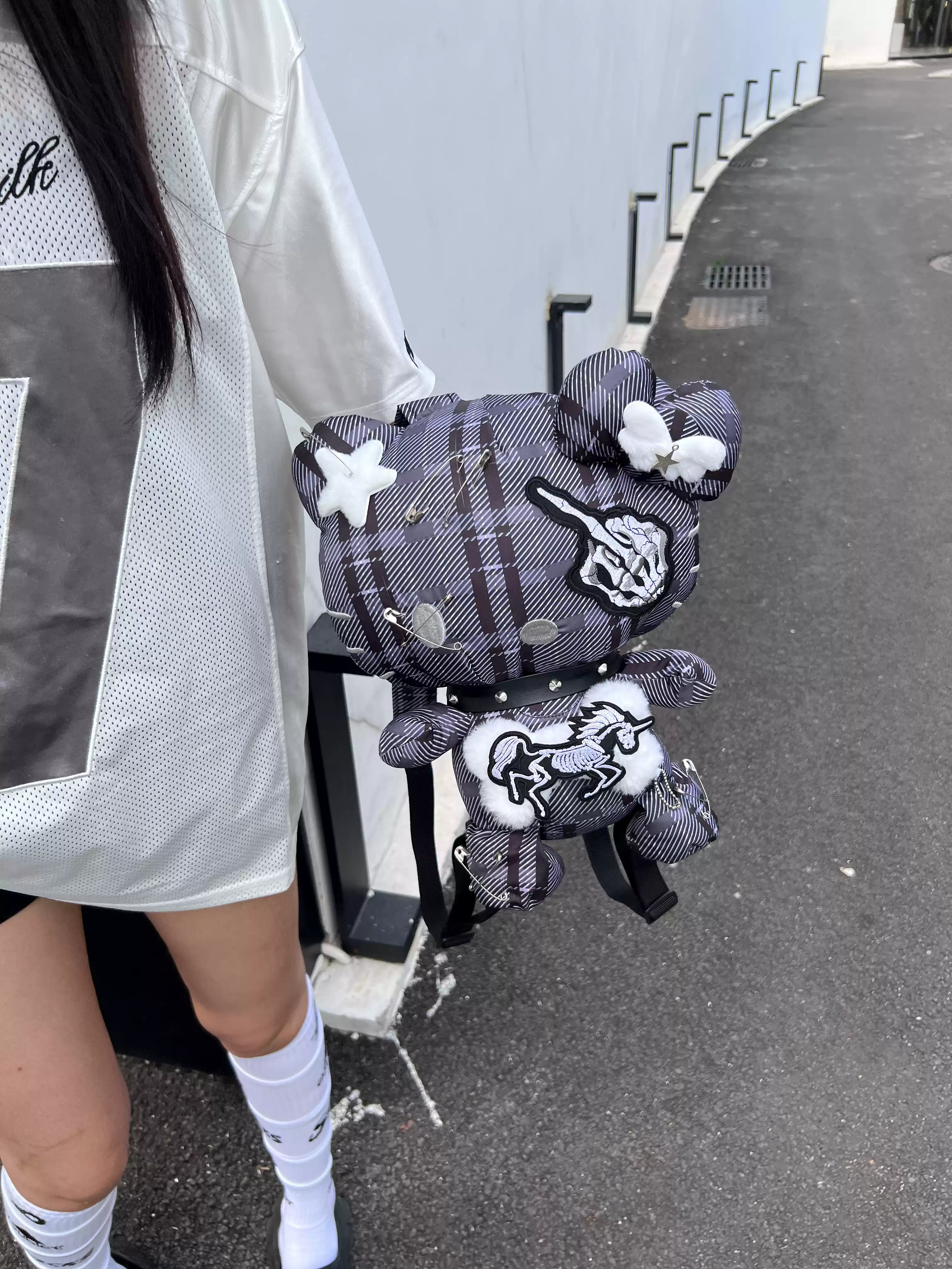 Y2K Rockstar Punk Hot Pink & Gray Kitty Backpack Doll Bag - Image 10