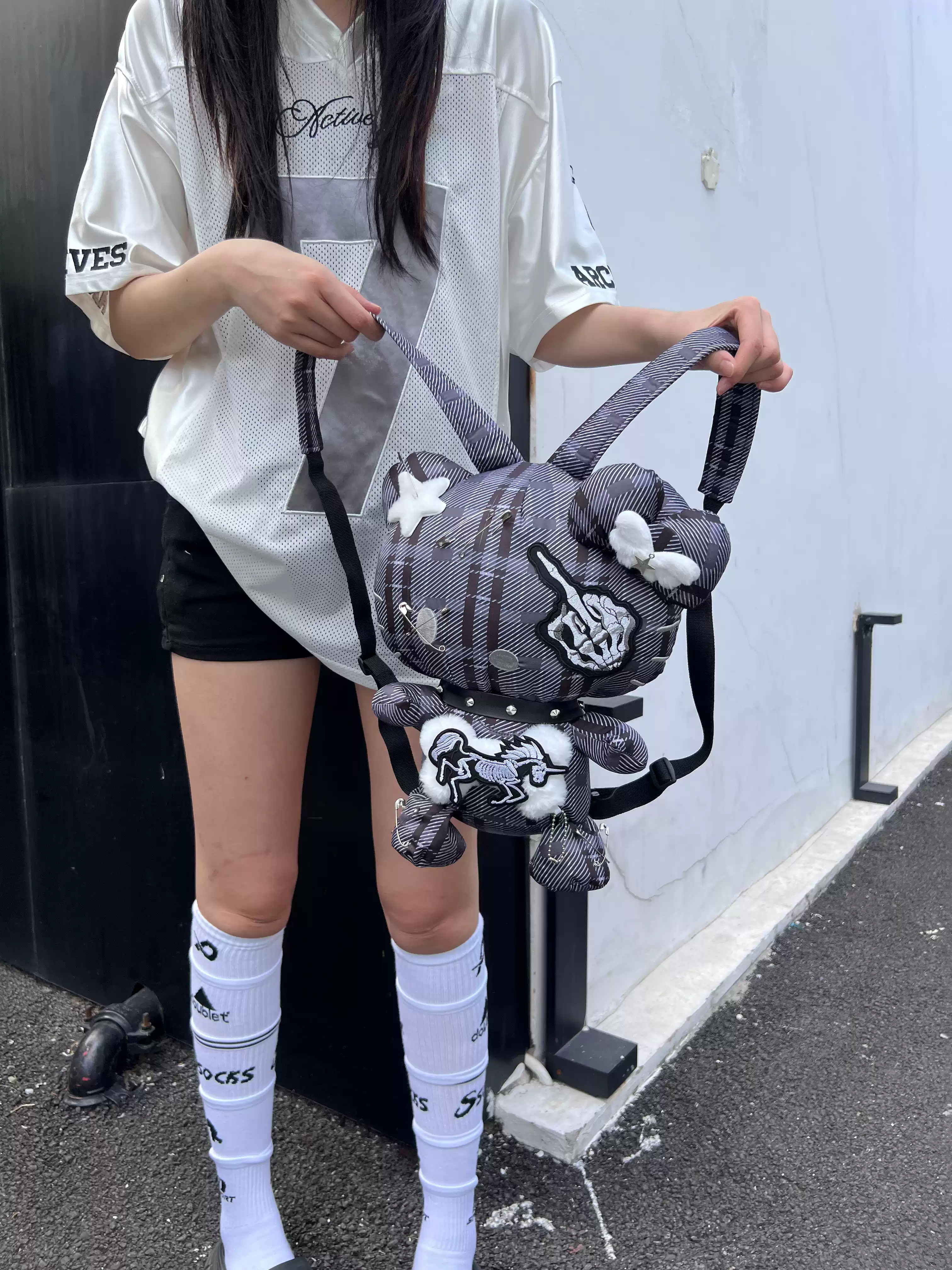Y2K Rockstar Punk Hot Pink & Gray Kitty Backpack Doll Bag - Image 2