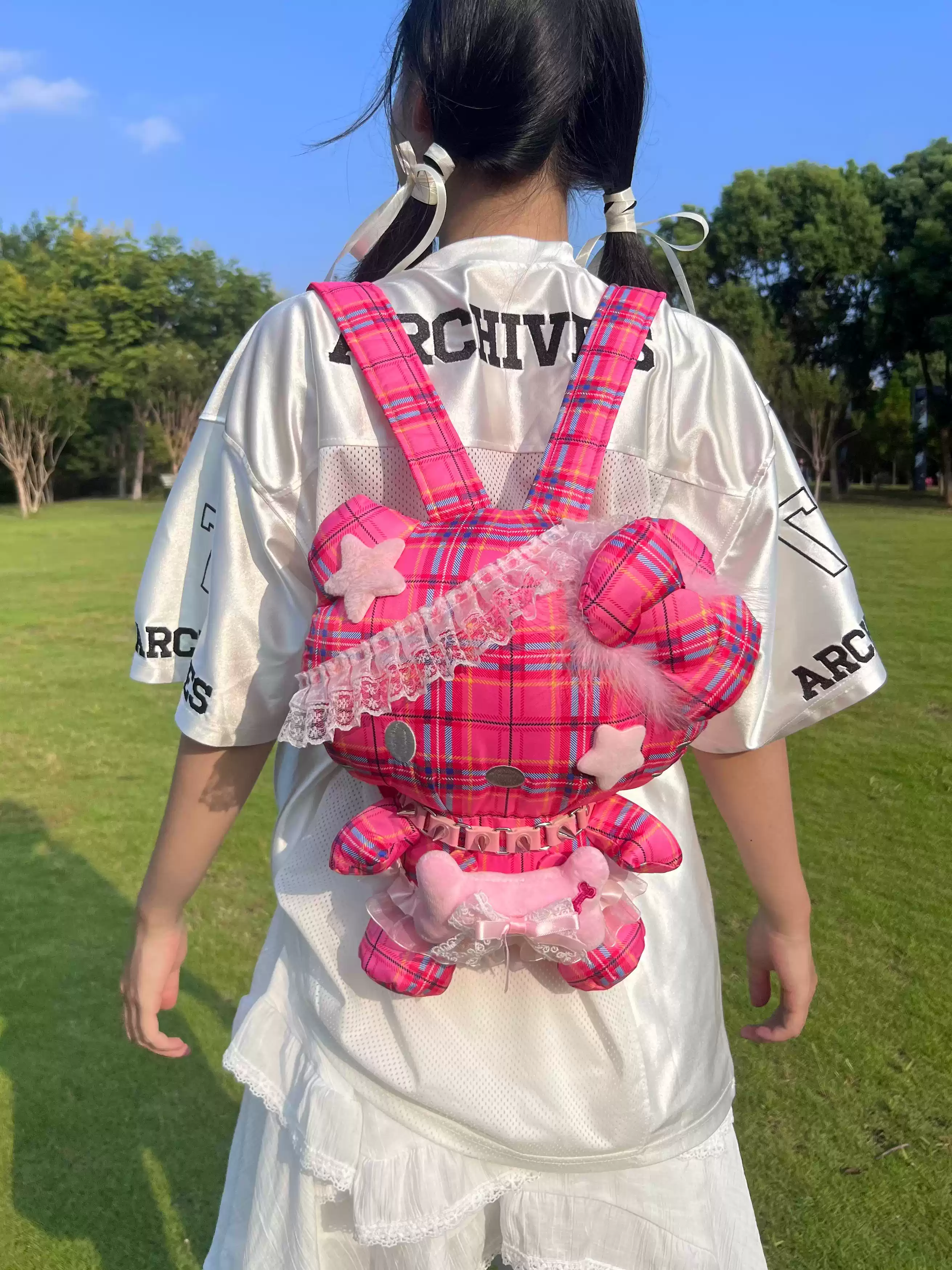 Y2K Rockstar Punk Hot Pink & Gray Kitty Backpack Doll Bag - Image 6