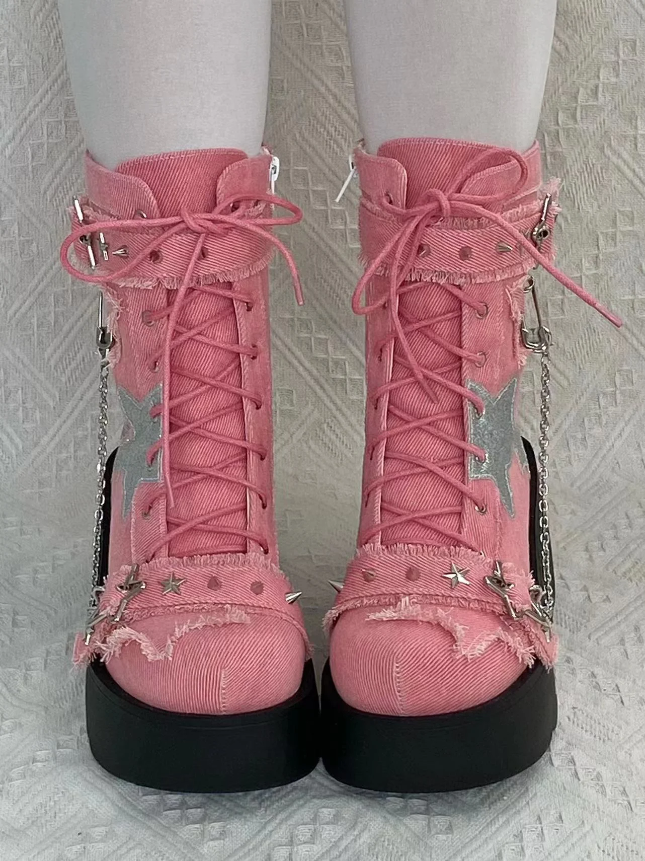 Pocket Cat Y2K Star Mark Chain EGL Canvas Strap Platform Shoes Boots - Image 11