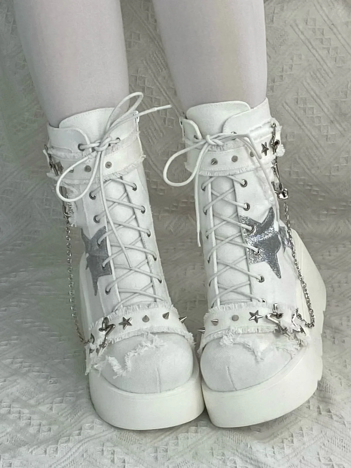 Pocket Cat Y2K Star Mark Chain EGL Canvas Strap Platform Shoes Boots - Image 12