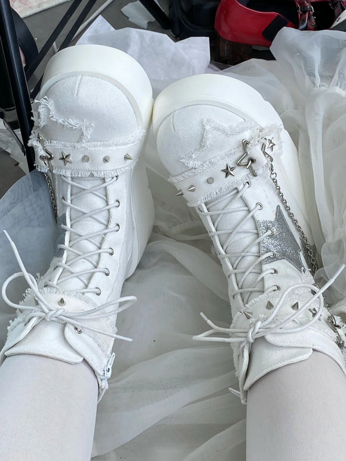 Pocket Cat Y2K Star Mark Chain EGL Canvas Strap Platform Shoes Boots - Image 14