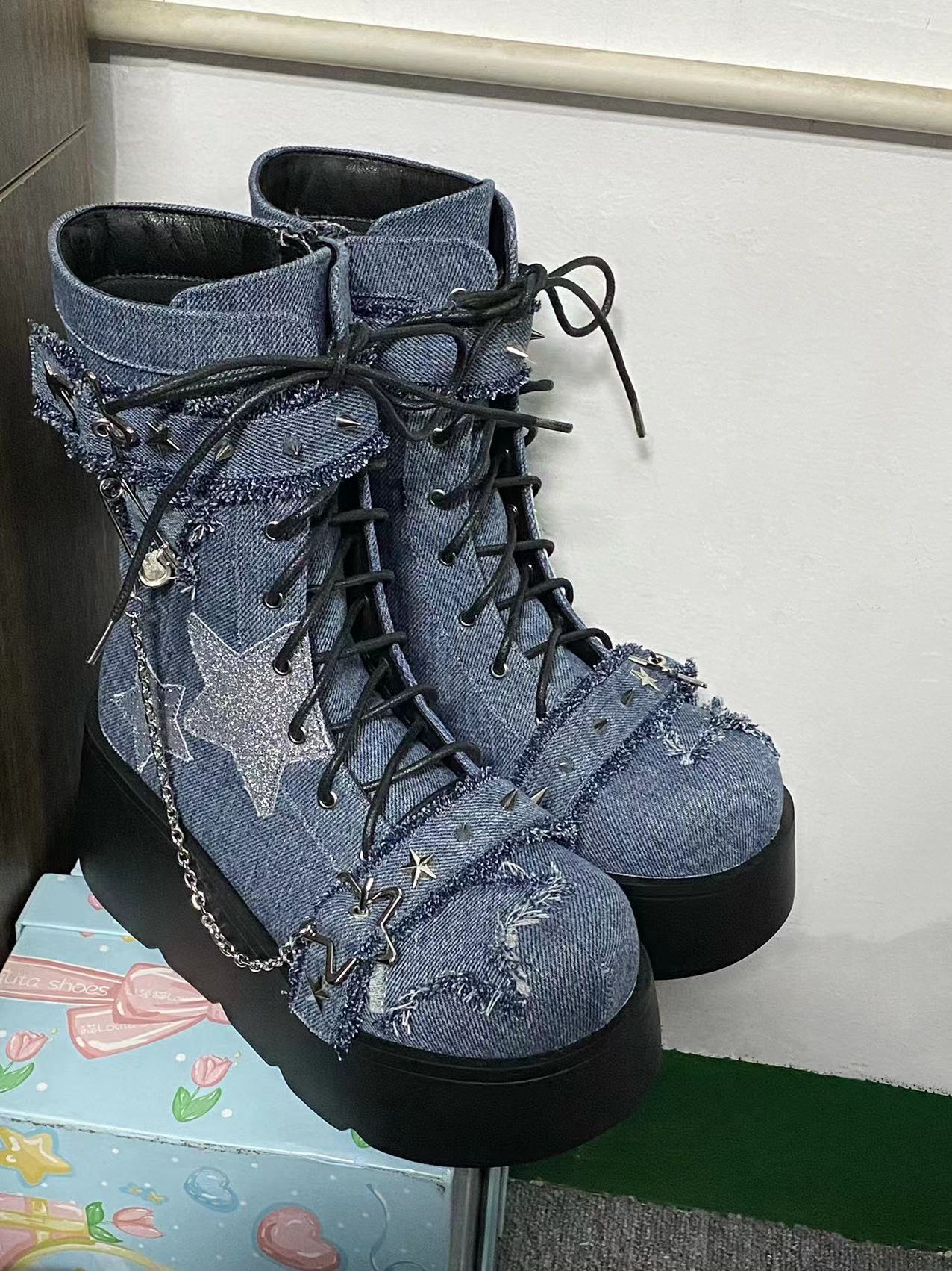 Pocket Cat Y2K Star Mark Chain EGL Canvas Strap Platform Shoes Boots - Image 3
