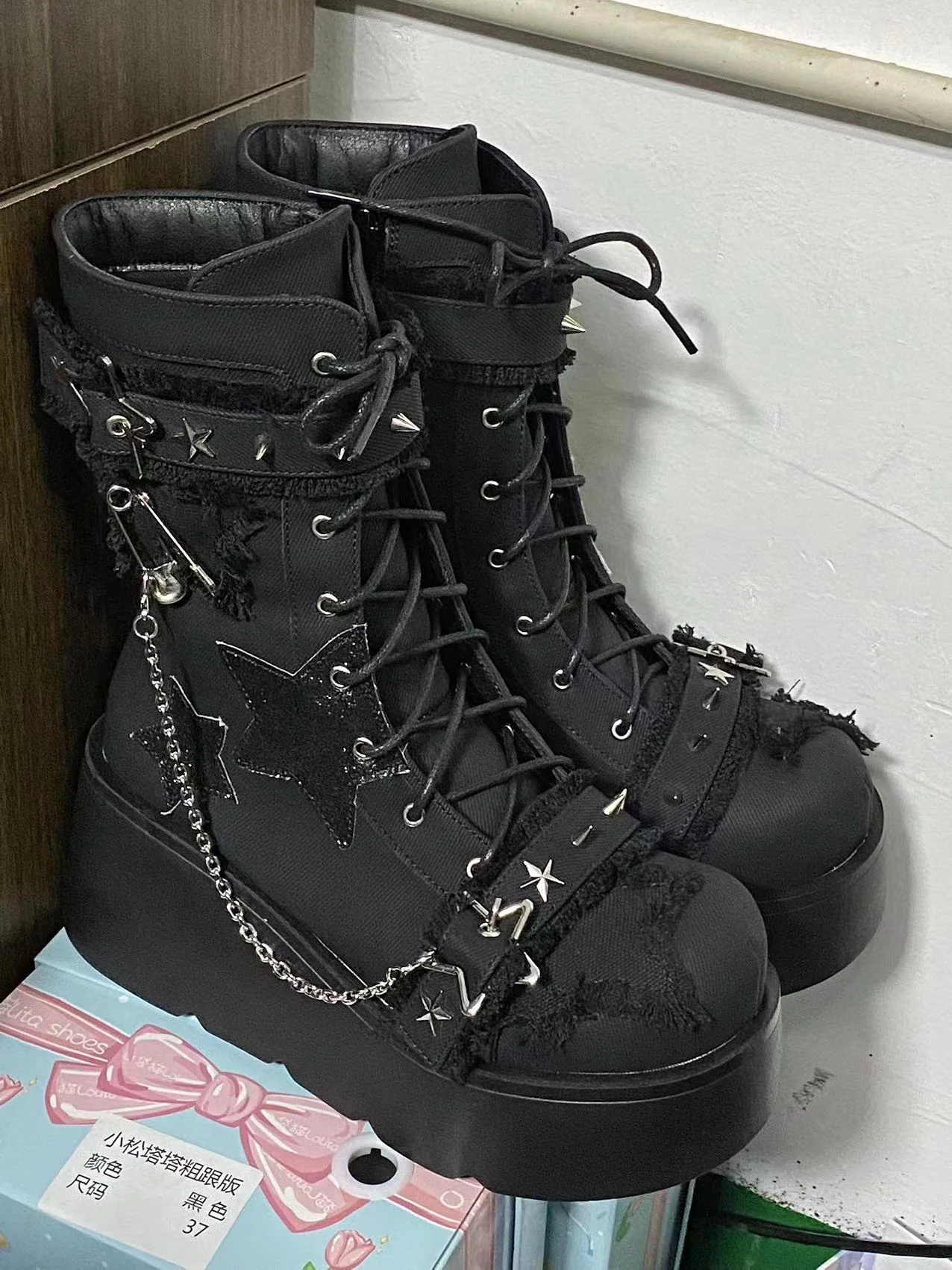 Pocket Cat Y2K Star Mark Chain EGL Canvas Strap Platform Shoes Boots - Image 4
