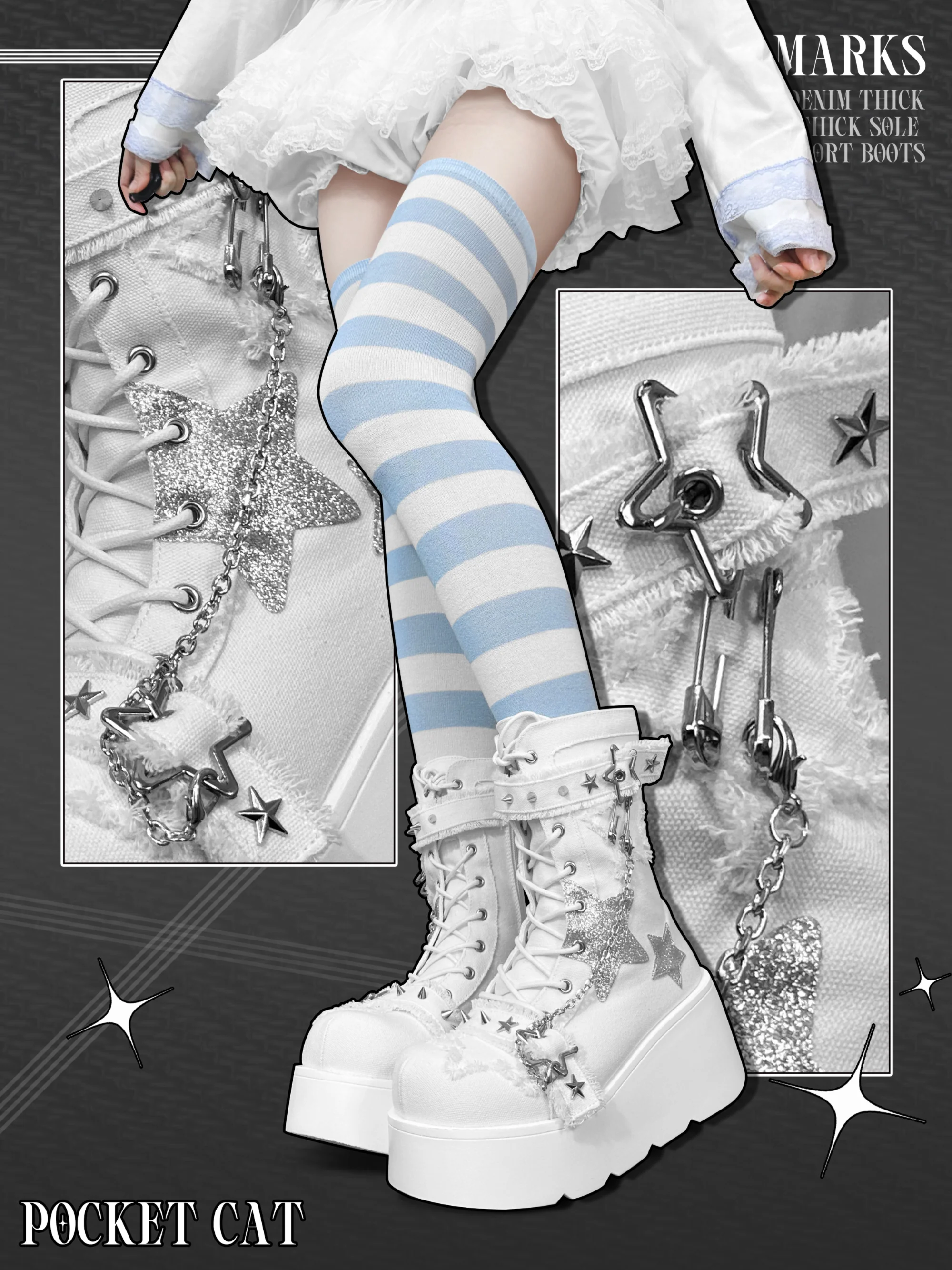 Pocket Cat Y2K Star Mark Chain EGL Canvas Strap Platform Shoes Boots - Image 5