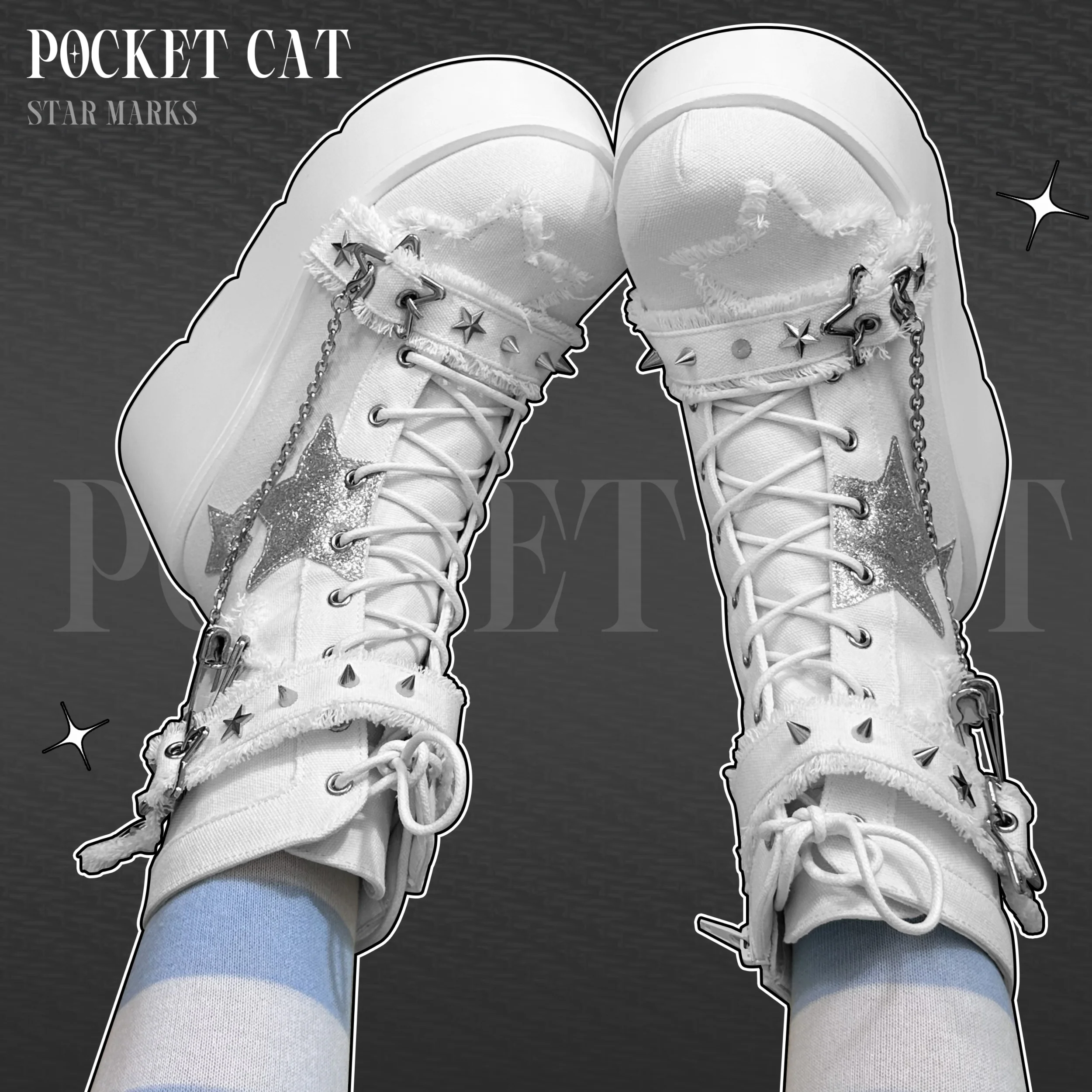 Pocket Cat Y2K Star Mark Chain EGL Canvas Strap Platform Shoes Boots - Image 6