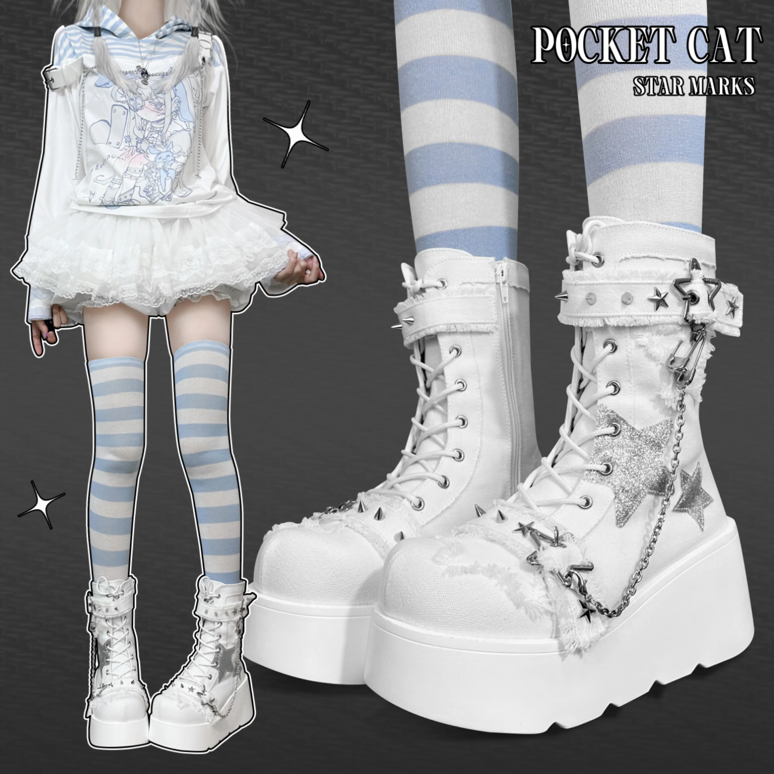 Pocket Cat Y2K Star Mark Chain EGL Canvas Strap Platform Shoes Boots - Image 7