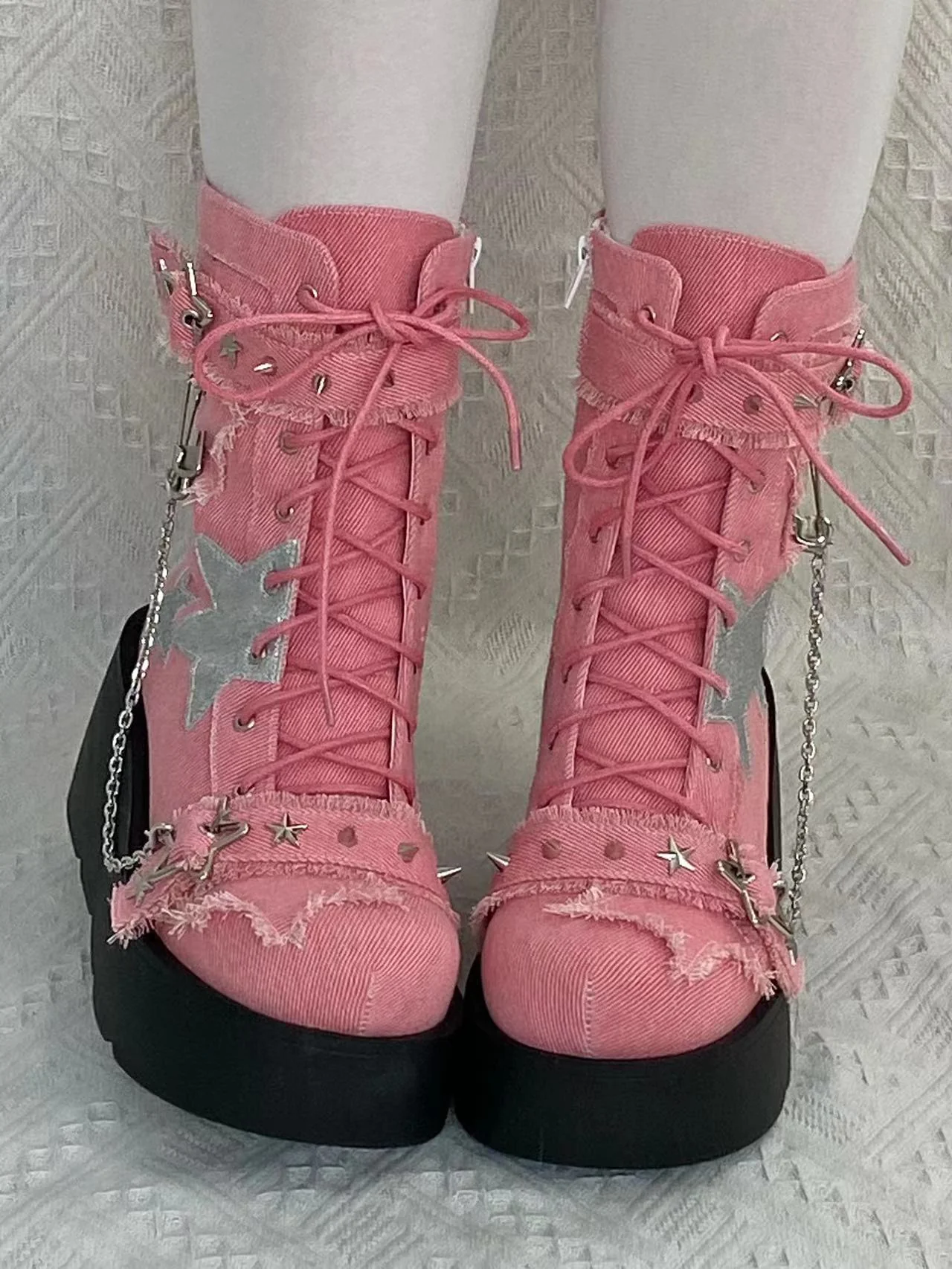 Pocket Cat Y2K Star Mark Chain EGL Canvas Strap Platform Shoes Boots - Image 8