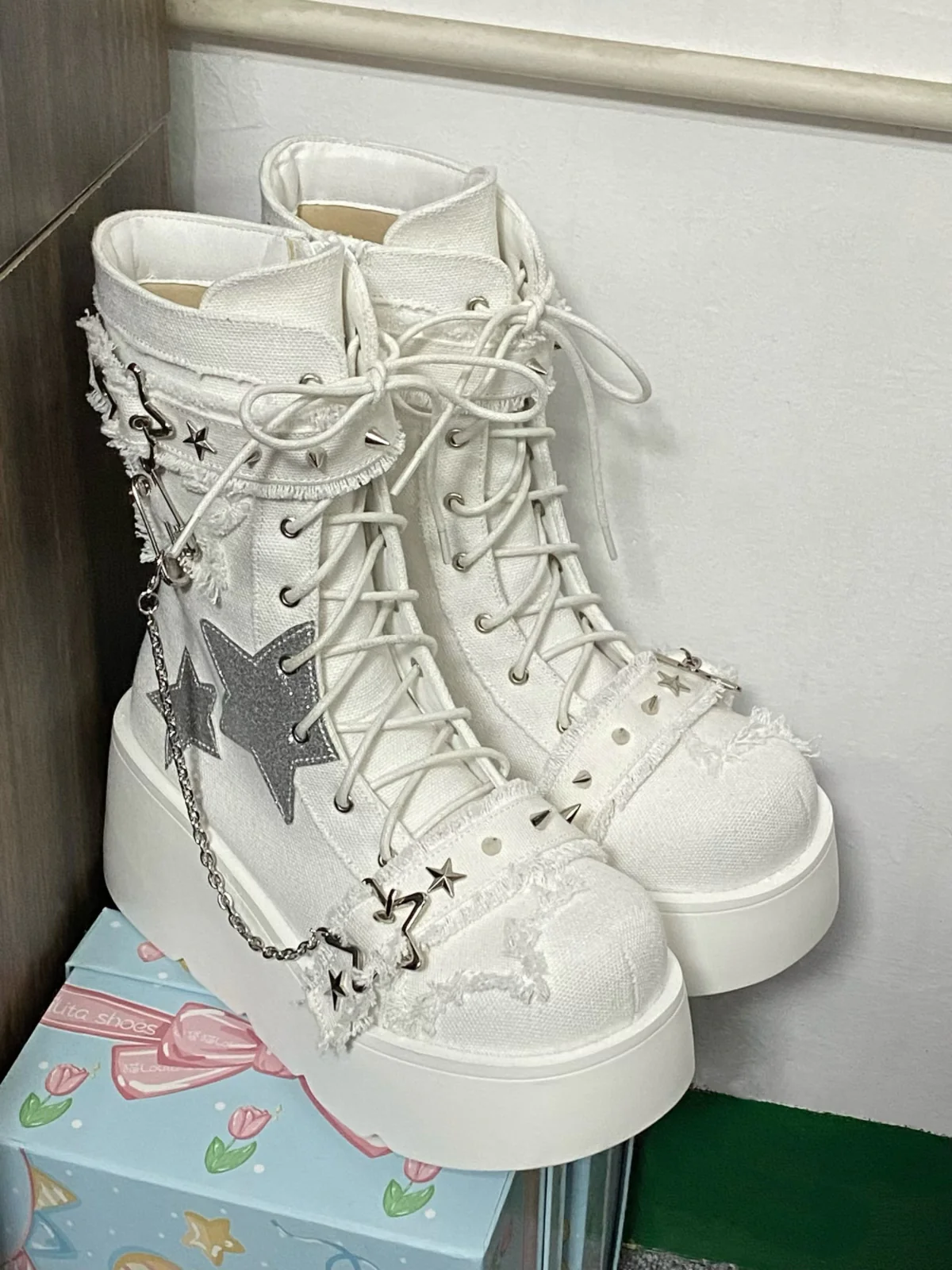 Pocket Cat Y2K Star Mark Chain EGL Canvas Strap Platform Shoes Boots - Image 9
