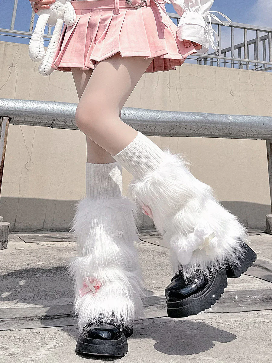 Y2k Stars Bone Pink White Fuzzy Leg Warmers - Image 2