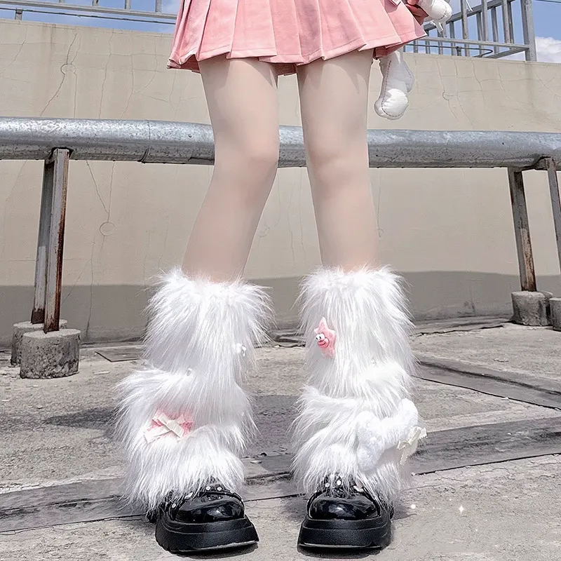Y2k Stars Bone Pink White Fuzzy Leg Warmers - Image 4