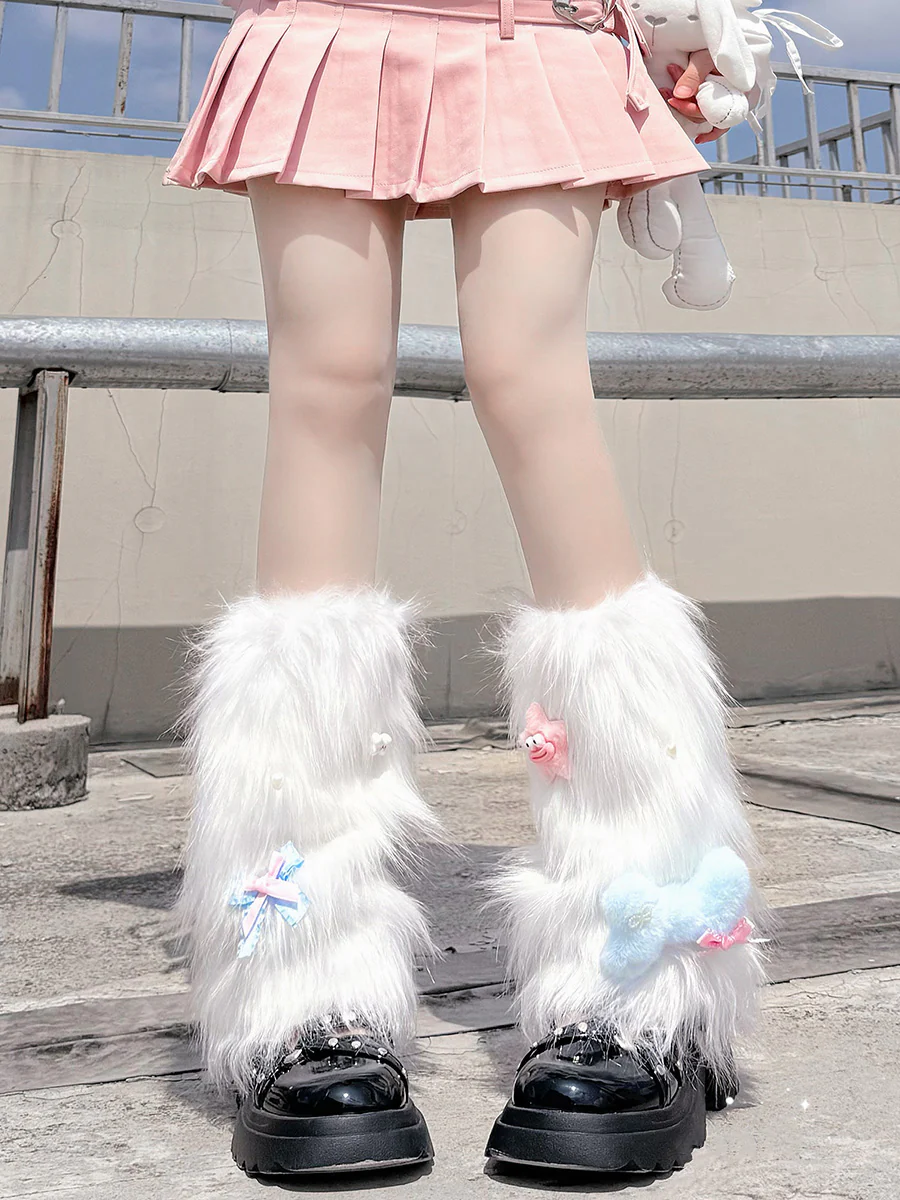 Y2k Stars Bone Pink White Fuzzy Leg Warmers - Image 5