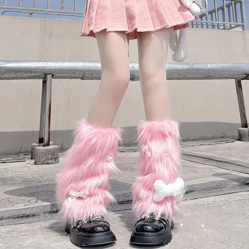Y2k Stars Bone Pink White Fuzzy Leg Warmers - Image 6