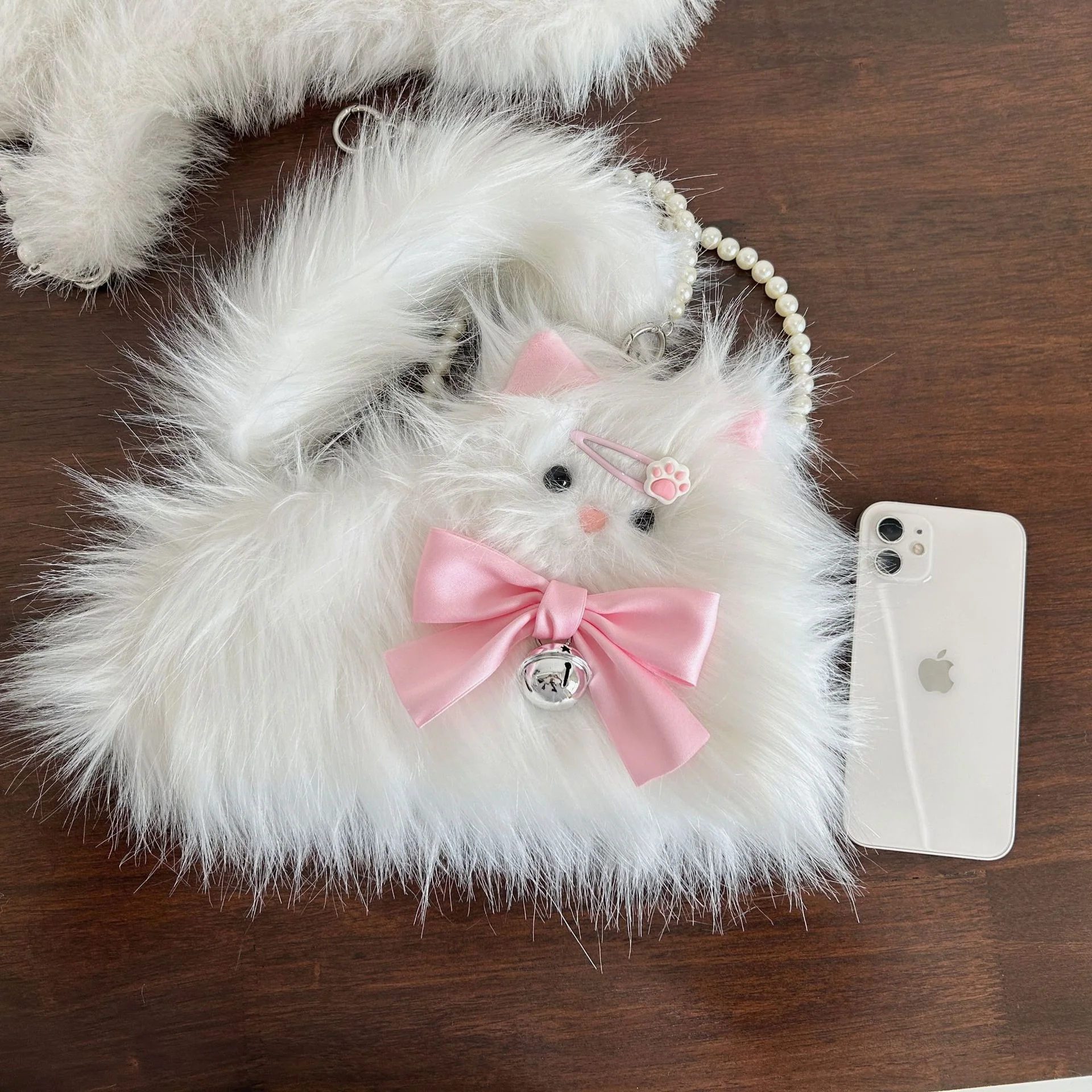 Y2K White Cat Furry Fur Leg Warmers & Bag - Image 2