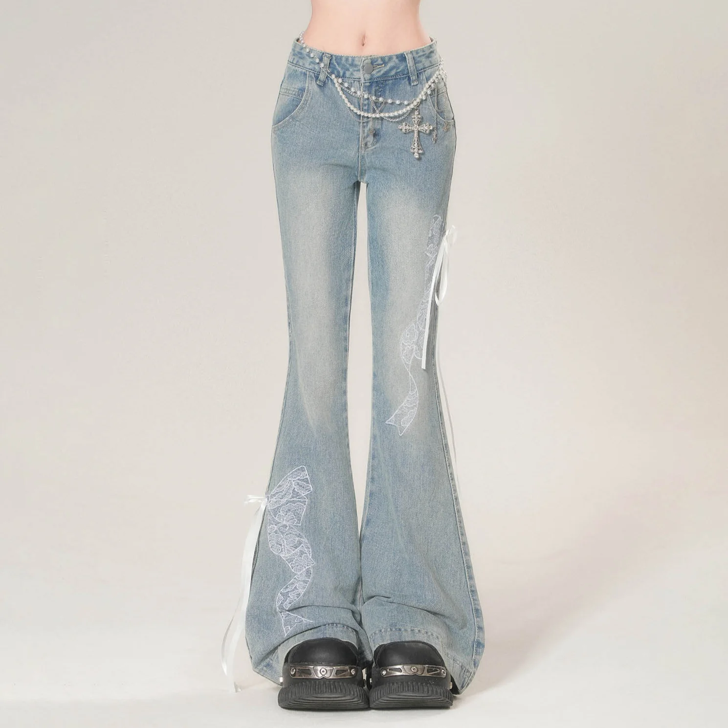 Young Eyes American Model Bow Lace Denim Flared Jeans